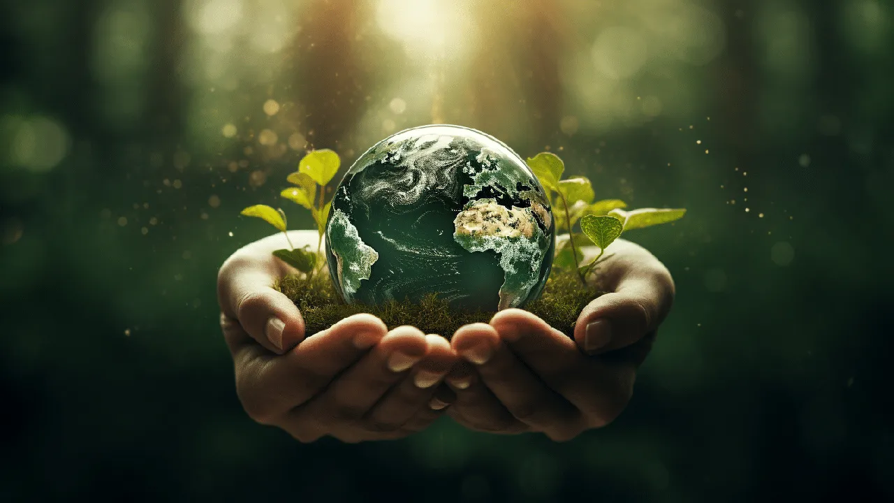 Close up on a plate of mashed potatoes, topped with baked pork chops with cream of mushroom soup, and a side of green beans.